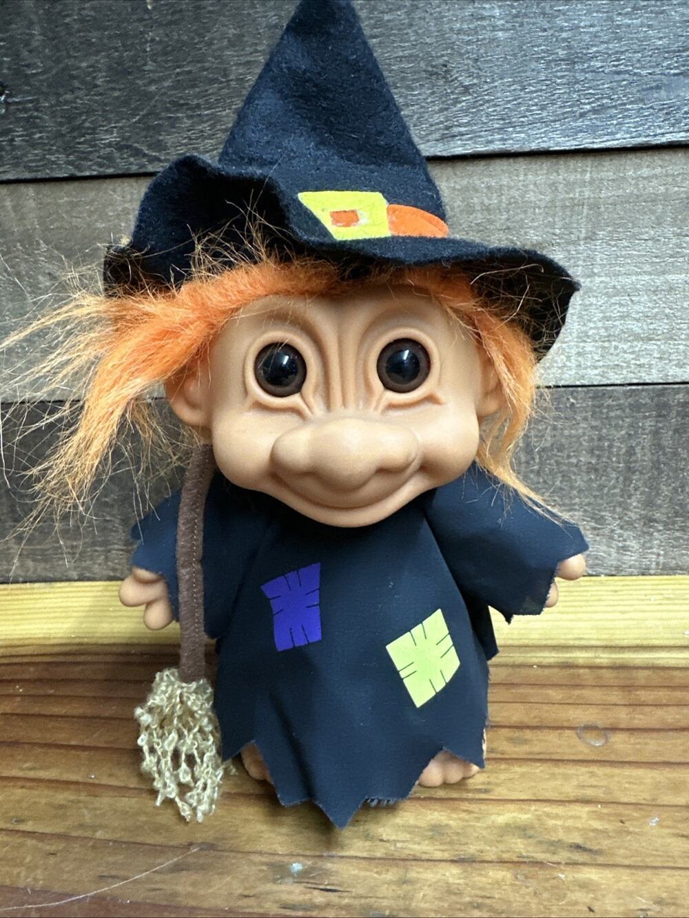 Vintage Russ 10” Witch Troll With Broom And Orange Hair